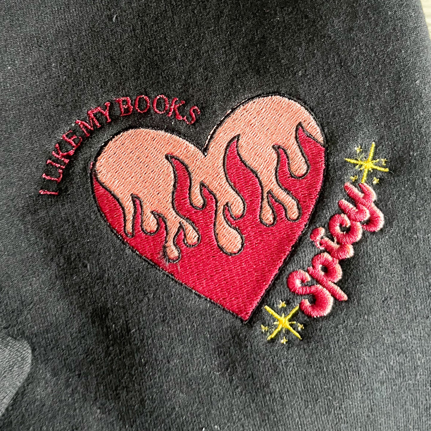 I Like My Books Spicy Embroidered Sweatshirt